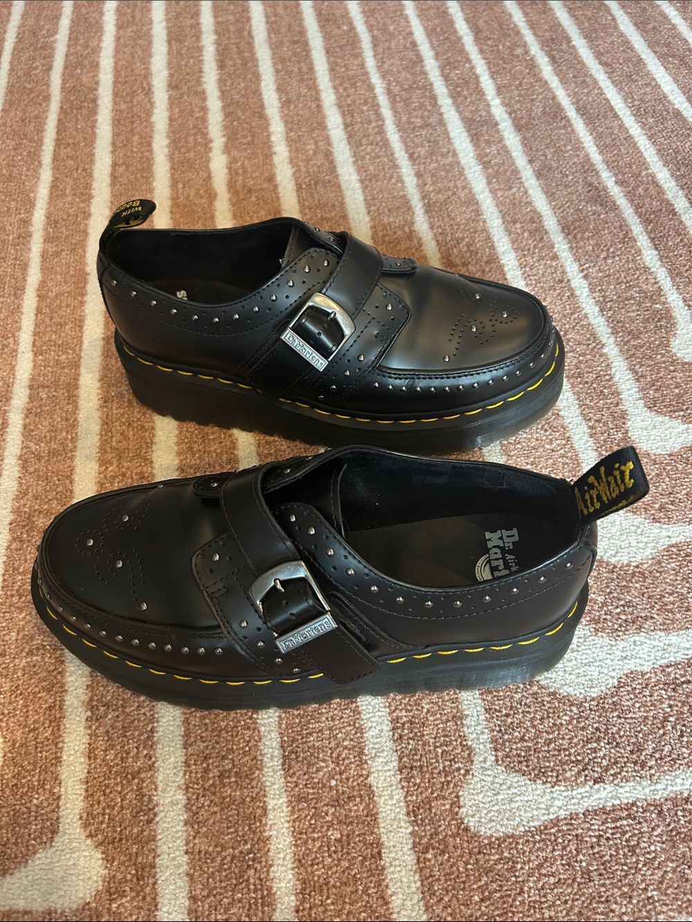 Dr. Martens Black Leather Studded Monk Strap Brogue with Yellow Stitching unisex - Picture 3 of 6